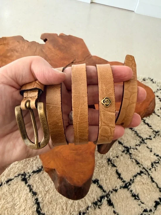 Vintage Olsen Europe Tan Leather Belt with Antique Brass Buckle size S - Picture 1 of 5